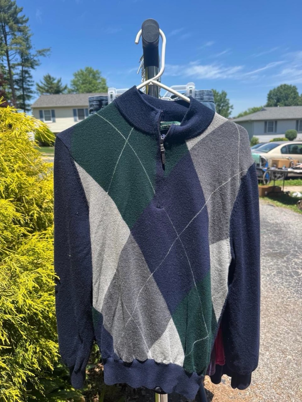 Fairway & Greene Navy, Green & Gray Argyle Quarter-Zip Sweater